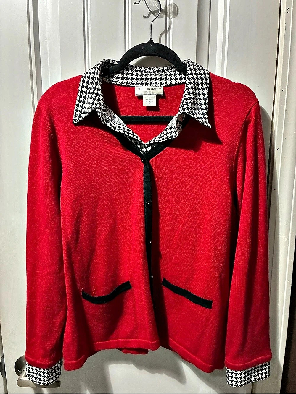 Allison Daley Houndstooth Trim Cardigan in Red & Black Size Medium Like N